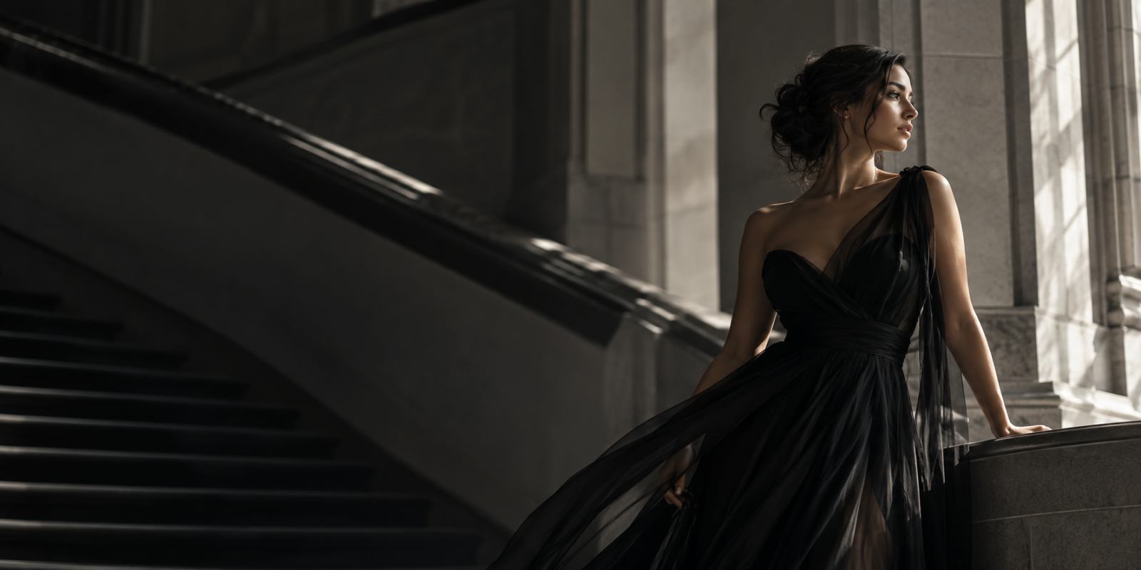 Editorial portrait in a dramatic architectural interior